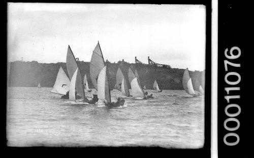 Mixed fleet mainly 16-foot skiffs sailing near Ball's Head, Sydney Harbour