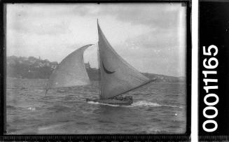 Vessel (possibly a sloop) with a crescent moon emblem on the mainsail, Sydney Harbour