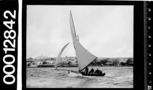 16-foot skiff sailing near shoreline, Sydney Harbour