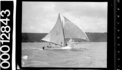 White painted 16-foot skiff with the letter 'V' displayed on the mainsail, Sydney Harbour