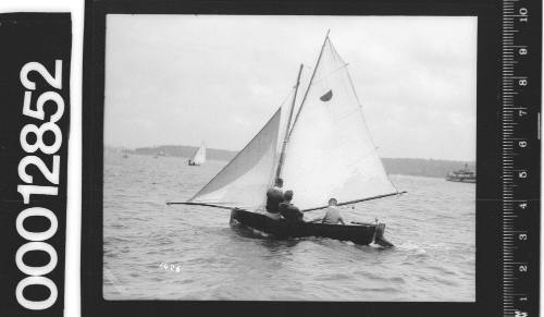 Portside view of 12-foot skiff sailing near Rose Bay, Sydney Harbour