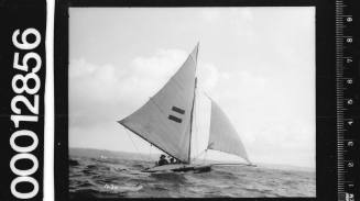 Sailing vessel with an emblem of two dark bars displayed on the mainsail, Sydney Harbour