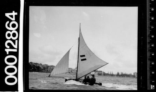 Port view of a small yacht with an emblem of two horizontal dark bars on the mainsail, Sydney Harbour