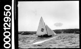 Yacht with a striped emblem on the mainsail, Sydney Harbour