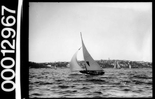 Single masted yacht with a dark-coloured heart emblem on the mainsail, Sydney Harbour