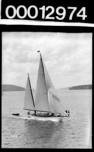 White-hulled sailing ship towing a small dinghy, Sydney Harbour