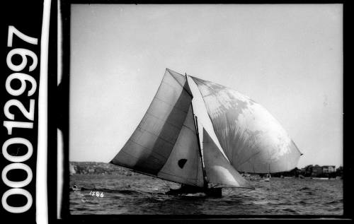 Yacht with a half circle emblem on the mainsail, Sydney Harbour