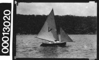 Yacht with a large letter 'V' displayed on the mainsail, Sydney Harbour