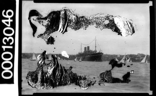 Ocean liner dressed and surrounded by smaller craft, Sydney Harbour