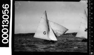 Yacht under sail on Sydney Harbour with a large letter 'G' displayed on the mainsail