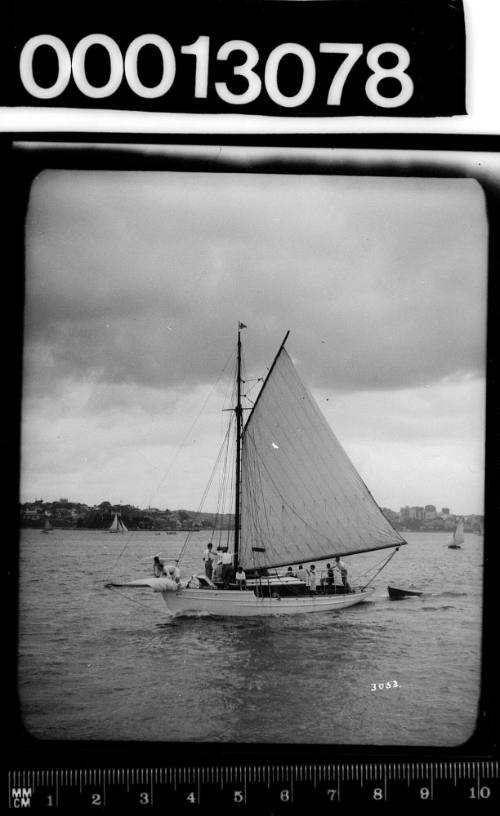 White hulled sloop under sail on Sydney Harbour