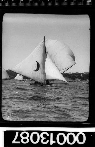 Yacht under sail on Sydney Harbour with a cresent moon emblem on the mainsail