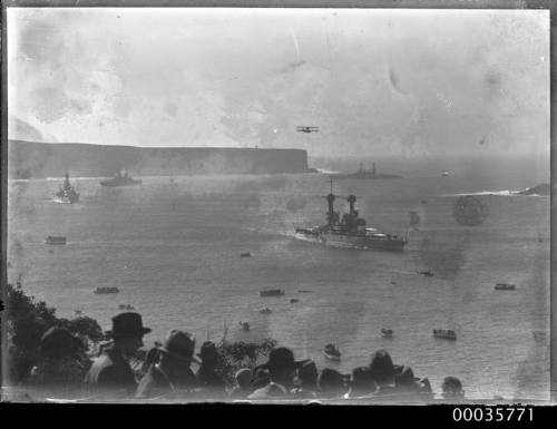 View of Sydney Heads from Middle head showing 4 naval vessels entering the harbour.