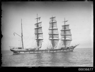 MEDWAY four mast barque with reduced sail at sea.