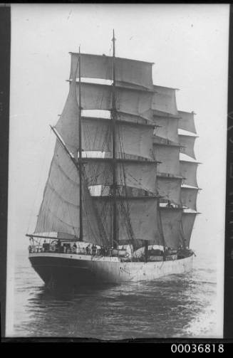 Stern view of POMMERN, four mast barque at sea.