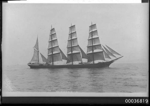 Starboard view of POMMERN, four mast barque at sea.