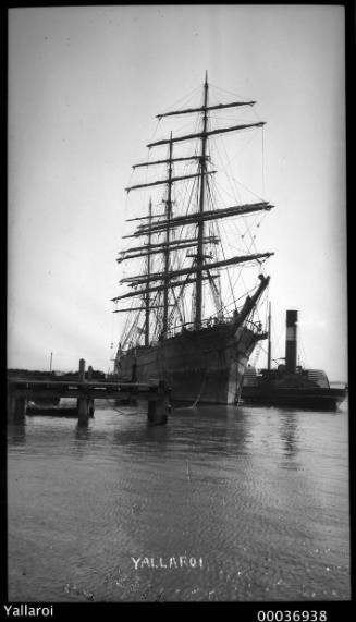 YALLAROI docked at a wharf with a paddle tugboat beside it