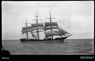 Three-masted ship MERSEY setting sails at sea