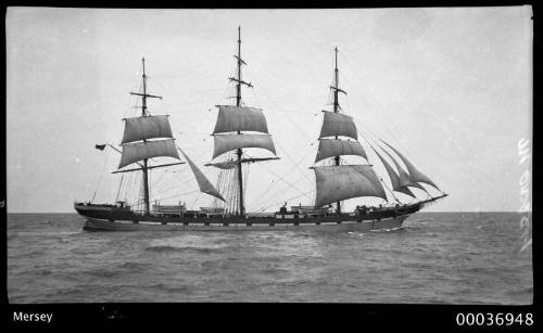 MERSEY 3 mast fully rigged ship setting sails underway.