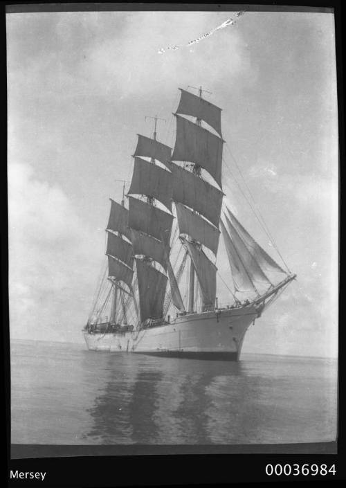 Three-masted training ship MERSEY viewed on the bow starboard quarter