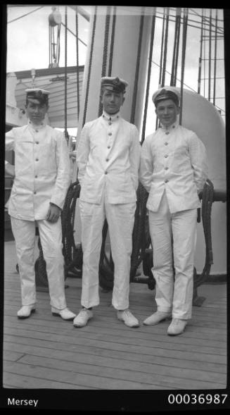 Three cadets on board MERSEY posing near mast