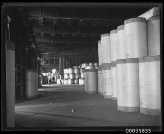 Interior of warehouse with newsprint rolls