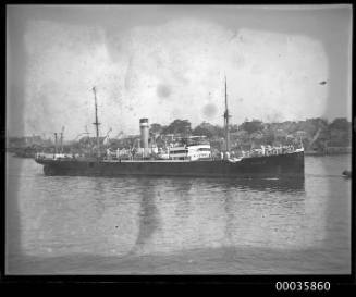 View of HANAU cargo passenger ship underway in harbour.