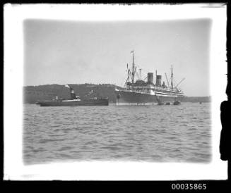 View of unknown cargo passenger ship in harbour.