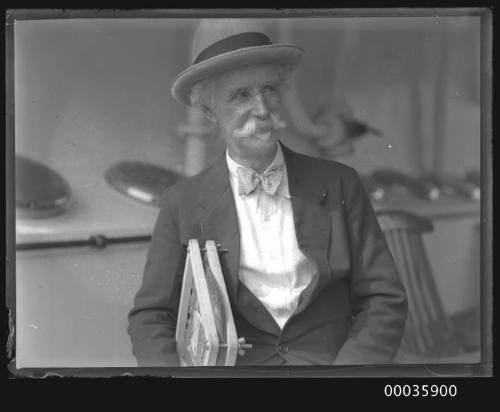 Portrait of elderly man with large moustache on board SS RUNIC possibly at Millers Point, Sydney