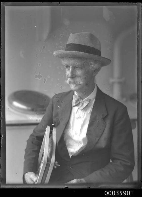 Portrait of elderly man with large moustache on board SS RUNIC possibly at Millers Point, Sydney