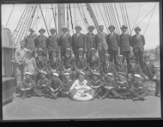 View of 29 people on deck of  sailing barque VIKING.