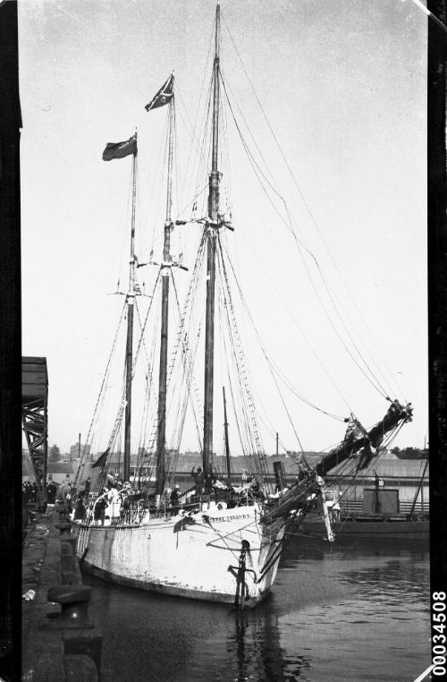 View of GILBERT ISLANDS three mast schooner at wharf.