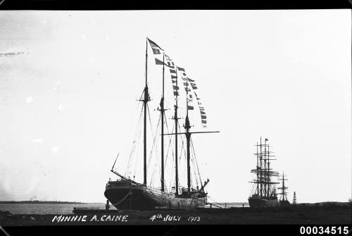 View of MINNIE A. CAIN four mast schooner in port.