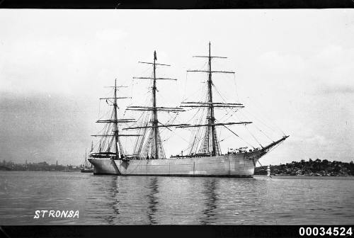 View of STRONSA three mast barque in harbour.