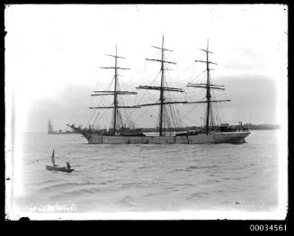 CLYDE three mast fully rigged ship at buoy.