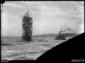 View of MEDWAY four mast barque and tug in harbour.