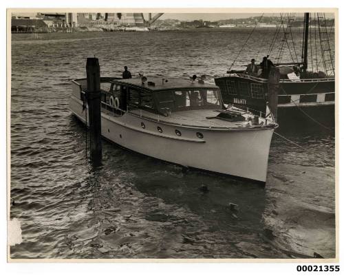 Unidentified motor launch and unidentified replica of BOUNTY at Blues Point in Sydney