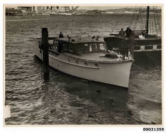 Unidentified motor launch and unidentified replica of BOUNTY at Blues Point in Sydney