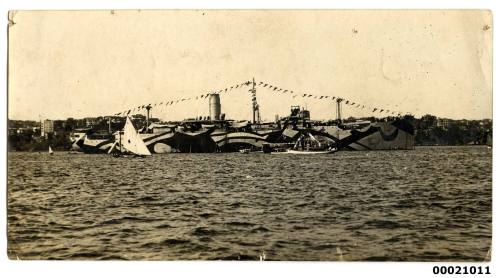 Unidentified troopship in dazzle paint in Sydney Harbour