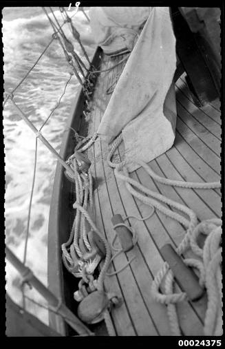 Pulleys and lines along the deck of yacht SIRIUS