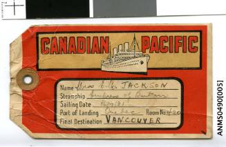 Pre-printed colour baggage label with personal details for Miss E M Jackson handwritten in ink