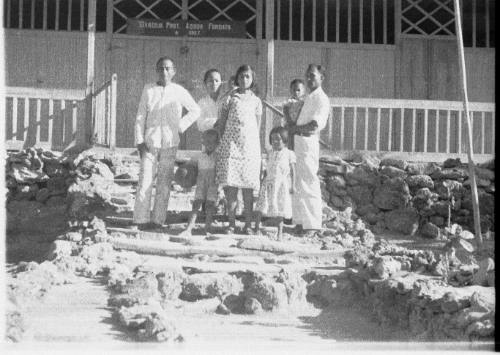 View of Oskar Speck and others in front of a church at Adodo Fordata, Indonesia