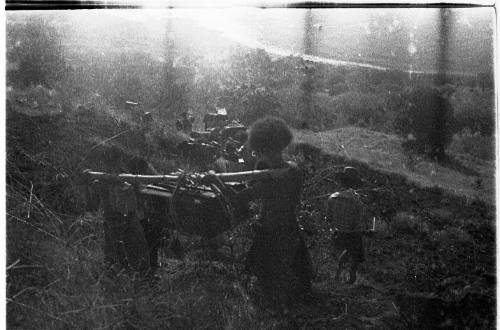 View of a group of people carrying a load down a hillside