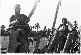 View of man and boy with ponies and chickens  