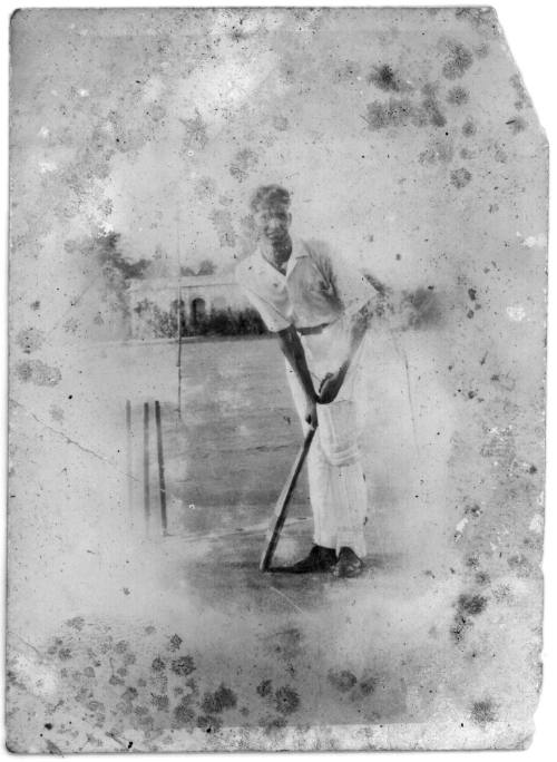 View of cricket batsman, Rover Edwin, at the stumps  