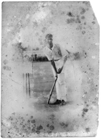 View of cricket batsman, Rover Edwin, at the stumps  