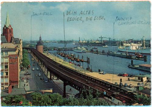 Postcard sent to Oskar Speck titled: Hamburg, Harbour and Uberseebrucke