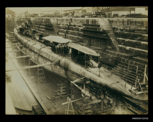 HMA submarine J1 being refitted in Sutherland Dock, Cockatoo Island Dockyard, Sydney Harbour