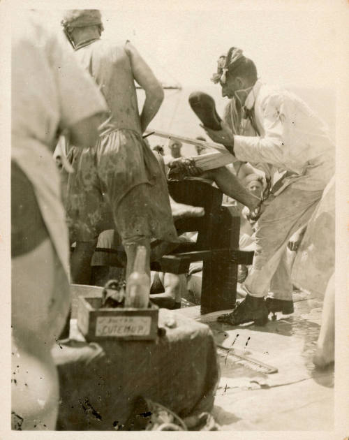 Crossing the Line Ceremony, HMAS MELBOURNE (Note this image contains offensive depictions of First Peoples and may cause trauma for people whose identities are directly impacted)