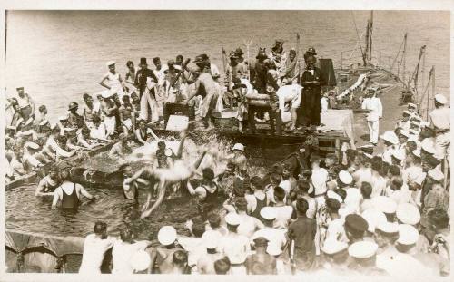 Crossing the Line Ceremony, HMAS MELBOURNE (Note this image contains offensive depictions of First Peoples and may cause trauma for people whose identities are directly impacted)